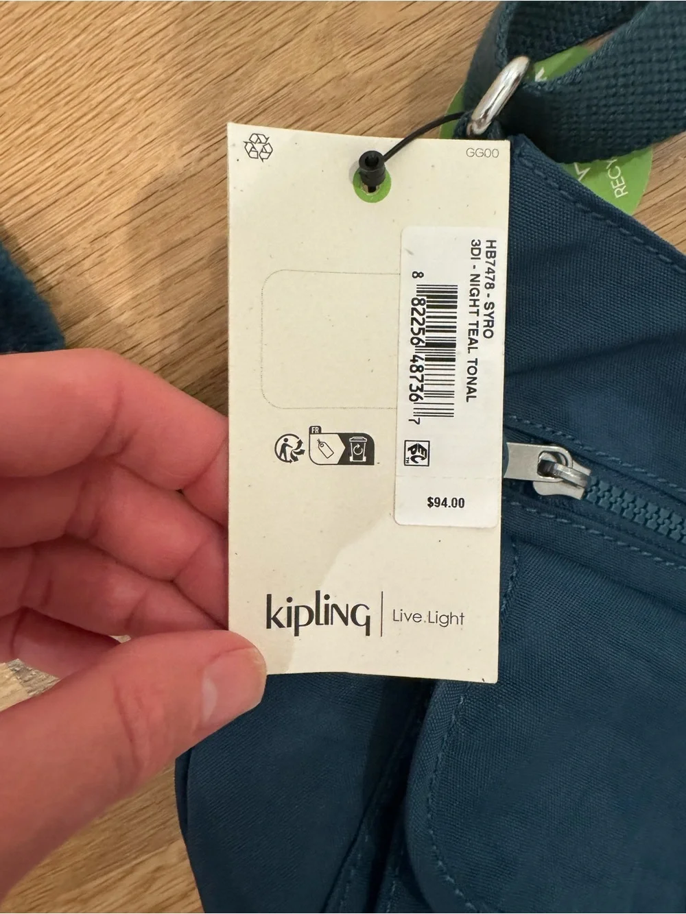 Dark Green Kipling Crossbody Bag - Casual Everyday Tote - Picture 2 of 6